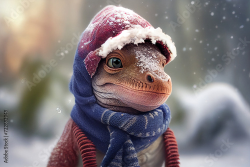 Cute baby dinosaur in a winter hat and scarf on the background of a winter landscape. AI generated.