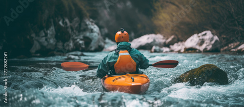 A kayaker in protective gear deftly navigates the swirling rapids of a tumultuous river