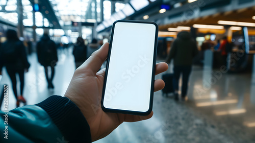 Hand holding an isolated smartphone device with blank empty white screen at the airport station, travel business communication technology concept