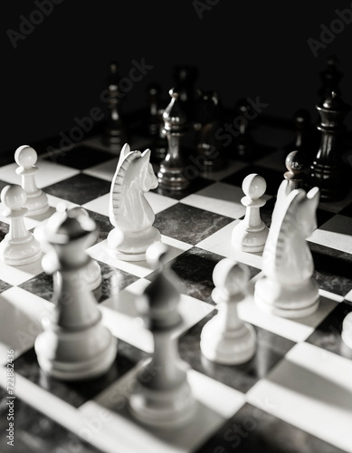 Close-up chess pieces are in the process of playing.