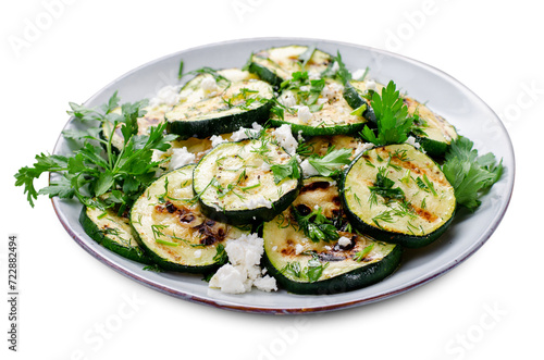 Grilled Zucchini, Feta and Herbs Warm Appetizer on White Background