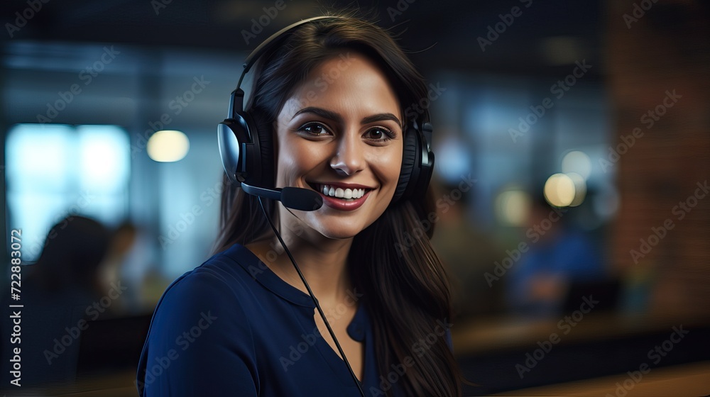 Smiling Call Center Worker in Office Wearing Headset Smiling Call Center Worker in Office Wearing Headset