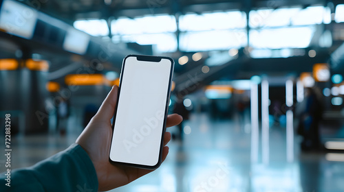 Hand holding an isolated smartphone device with blank empty white screen at the airport station, travel business communication technology concept