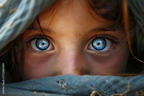 Beautiful blue eyes of poor, hungry girl. Poverty, misery, migrants, homeless people, war concept, Generative AI 