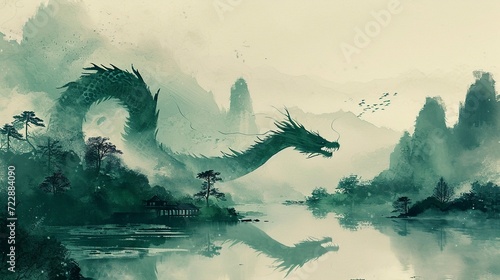 Green Wooden Dragon flying over a traditional Chinese landscape. Ancient Chinese art. AI Generated