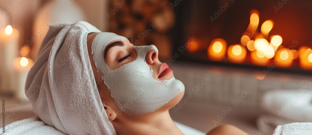 A serene spa setting, a woman relaxes with a nourishing facial mask, the gentle firelight enhancing the calm