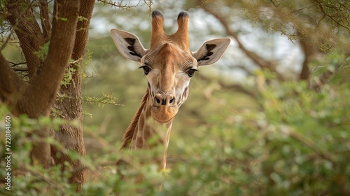 The head of a giraffe is higher than the leaves of an acacia tree