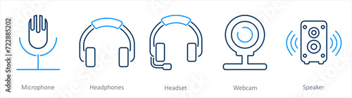 A set of 5 Computer Parts icons as microphone, heaphones, headset