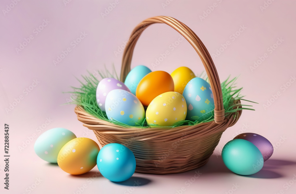 wicker basket filled with vibrant, painted eggs rests on a soft, pastel-coated surface, symbolizing Easter celebration. wicker basket filled with vibrant, painted eggs rests on a soft, pastel-coated surface, symbolizing Easter celebration.