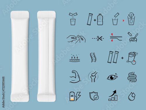 Blank stick package bag mockups with set icons. Flat lay view. Vector illustration on blue background. Can be use for food, cosmetic, pharmacy and etc. EPS10.