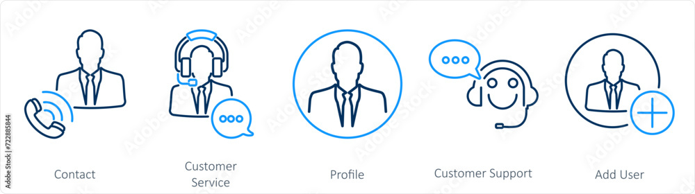 A set of 5 Contact icons as contact, customer service, profile A set of 5 Contact icons as contact, customer service, profile