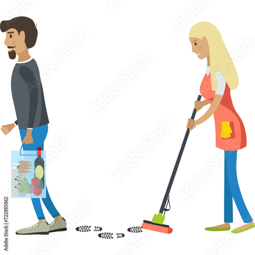 Cleaning lady wiping customer dirty footprints on floor vector icon isolated on white