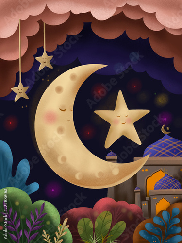 cute illustration of the moon and stars accompanied by flowers and leaves, perfect for "ramadan kareem and eid mubaarak" designs 