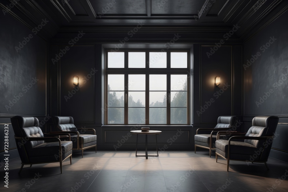Dark waiting room interior with two armchairs and panoramic window,