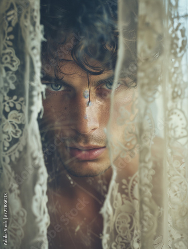 man looking through white lace curtain - generative ai