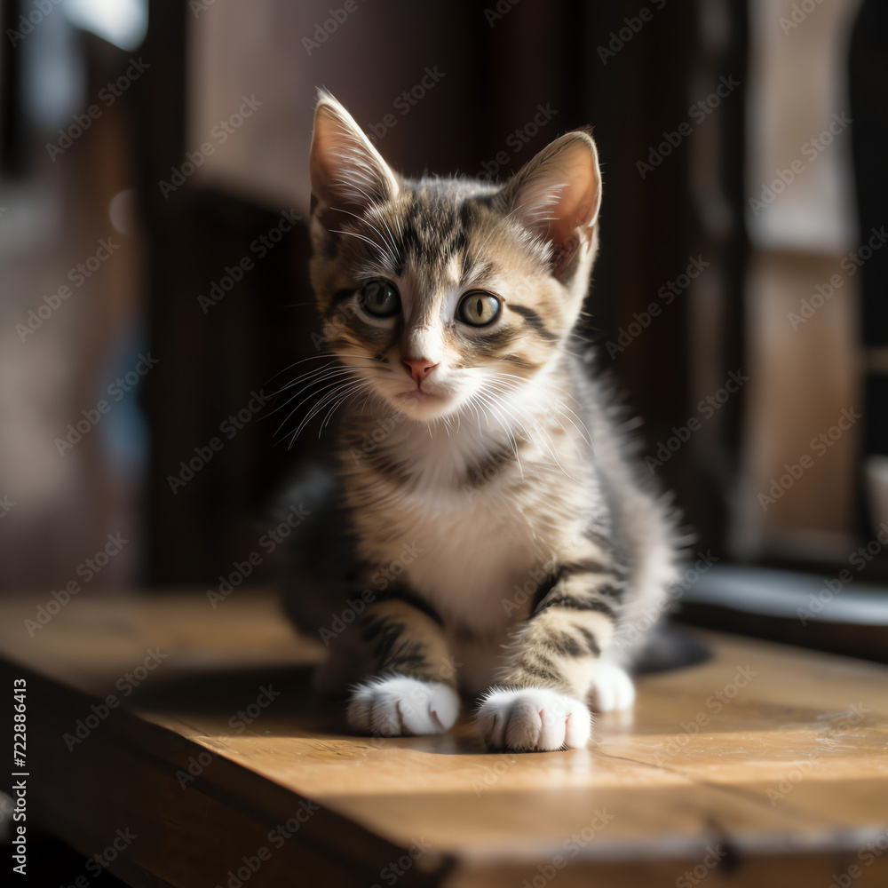 a small kitten sitting on top of a wooden table a small kitten sitting on top of a wooden table