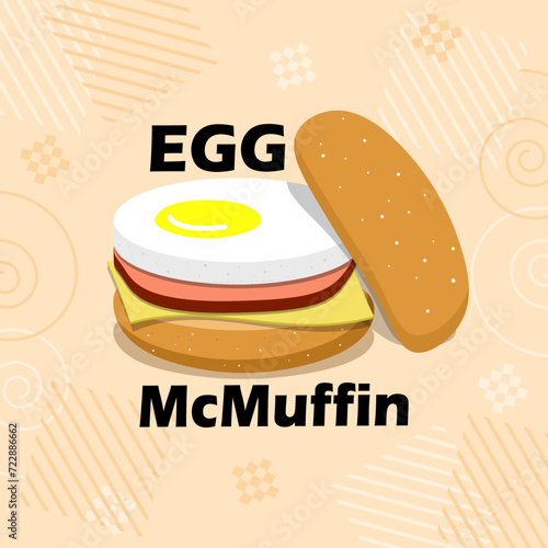 National Egg McMuffin Day event banner. A burger containing egg, ham and cheese, with bold text on light brown background to celebrate on March 2 photo