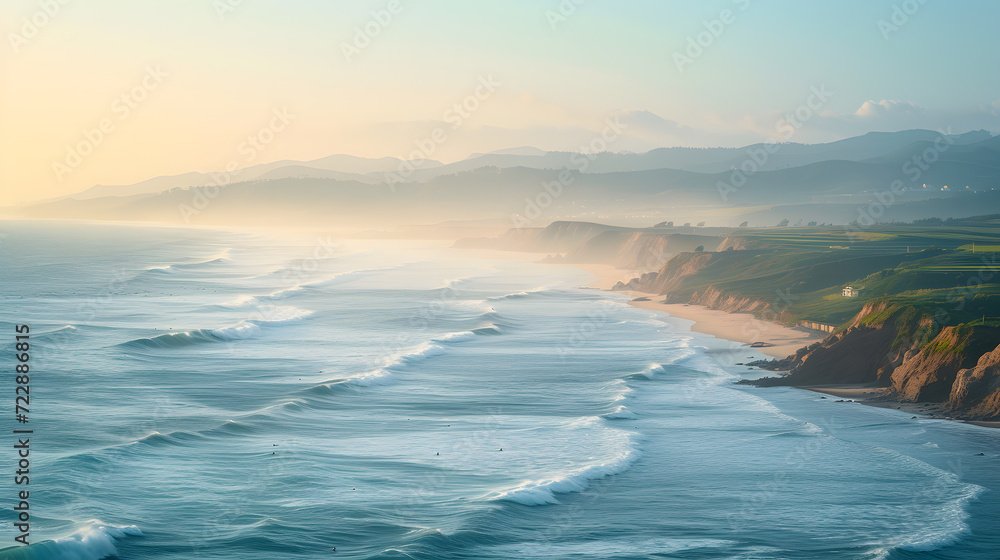 Obraz premium A picturesque coastline, with waves crashing on sandy shores as the background, during a sunny summer day