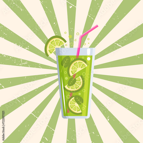 Mojito vector illustration on retro background , graphic design green juice, fresh and tasty cocktail for various design uses, banner , flayer , print ,deck