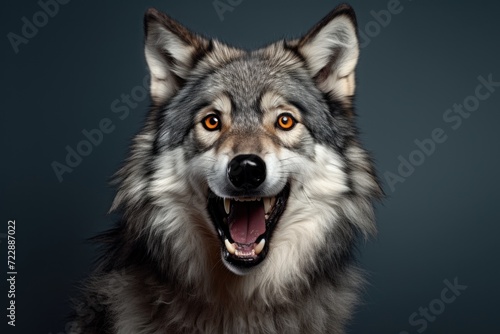 Happy surprised wolf with open mouth. photo