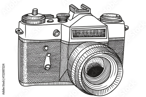Film retro camera with lens isolated on white background. Primitive linear sketch. Drawing in cartoon style.