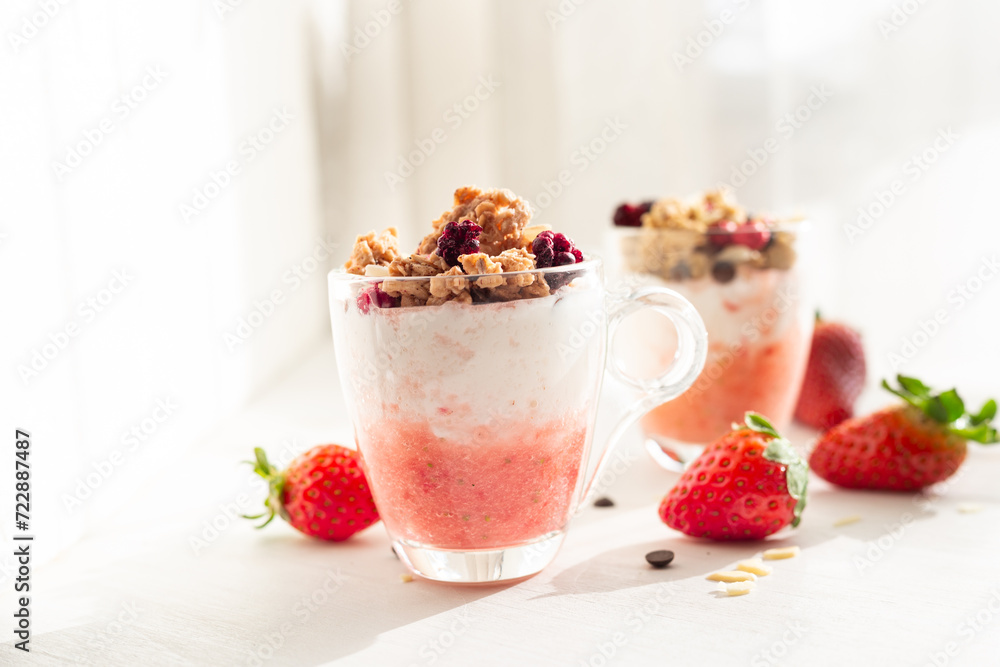 Yogurt with red fruit granola with strawberry cream, almonds and chocolate chips. Healthy snack idea for children. Yogurt with red fruit granola with strawberry cream, almonds and chocolate chips. Healthy snack idea for children.