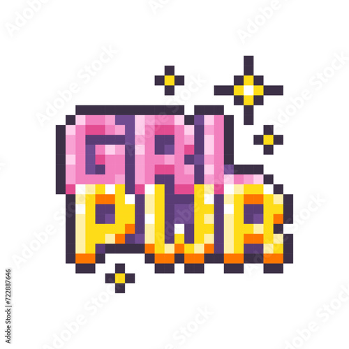 Girl power inscription isolated on white background. GRL PWR pixel icon. Feminist slogan, quote or phrase. T-shirt design idea. Vector pixel art illustration in 8-bit old style.
