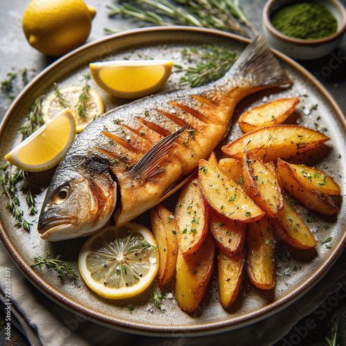 fried fish with potatoes and herbs