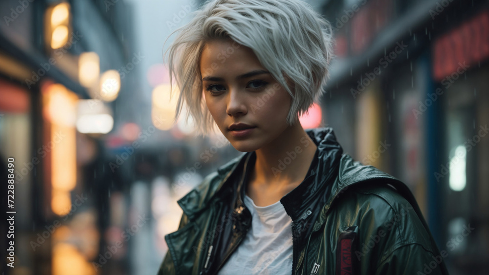 Realistic girl with white hair at the city background with rain Realistic girl with white hair at the city background with rain