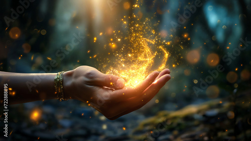 magic spell in hand with sparkle of light mystical photo