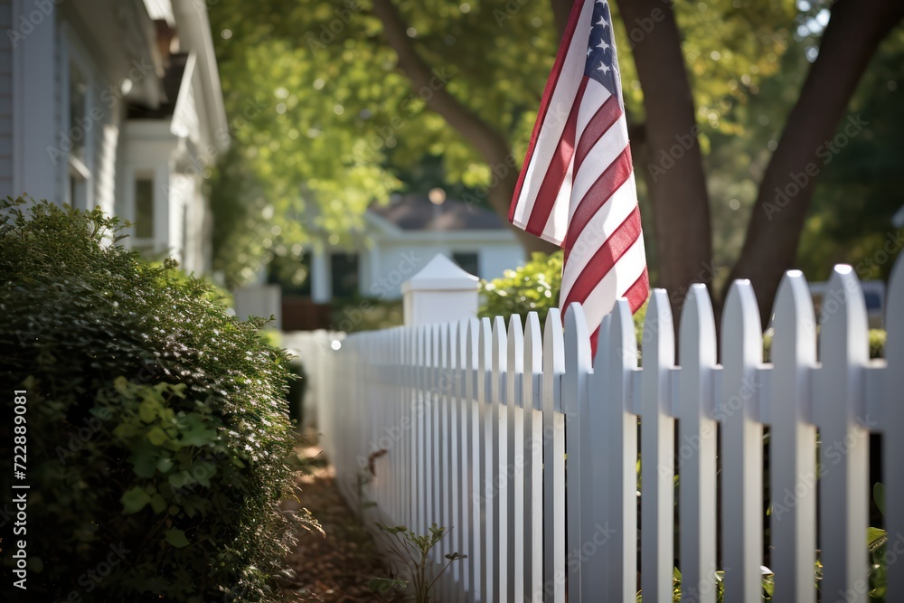 American flag on white fence near country house. Generative AI