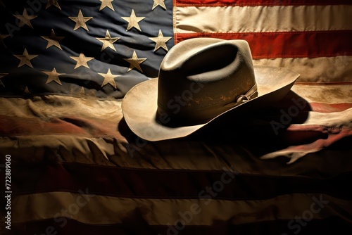 Old brown cowboy hat on American flag background. Generative AI