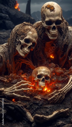 Apocalypse time, extinction of humanity. Human burned skeletons in the fire after war. AI generative illustration
