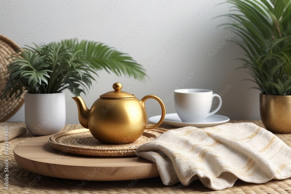 Modern minimal home interior design. Pillows, golden teapot, decorative straw plates, Scandinavian blanket, tropical palm tree, succulent and decorations