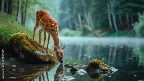 Fotografia A deer drinks water from a river in the forest