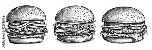 Collection of big burher hamburger hand drawn. Generative ai.