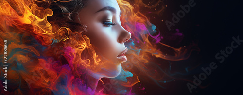 Color portrait of female face done with fractal colors in surreal style on the subject of inner world, imagination, creativity and mysteries of human mind. Dream Within a Dream series