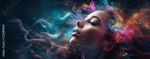 Color portrait of female face done with fractal colors in surreal style on the subject of inner world, imagination, creativity and mysteries of human mind. Dream Within a Dream series