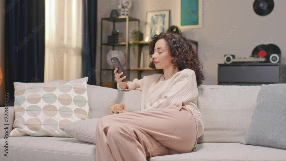 Beautiful Caucasian woman with curly hair resting on couch in room. Adorable female using phone and stroking her furry cat. Little red kitty laying beside female owner. Time with animal at home. Beautiful Caucasian woman with curly hair resting on couch in room. Adorable female using phone and stroking her furry cat. Little red kitty laying beside female owner. Time with animal at home.