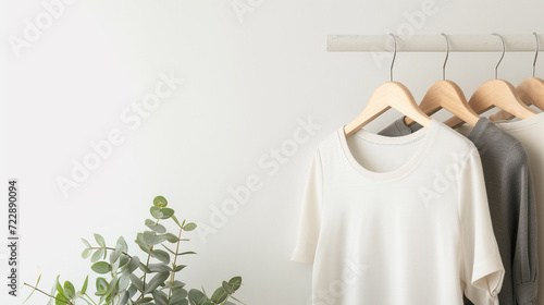 Fashion woman tshirt clothes hanger on a white background with copy space for fashion blog, website and social media post header photo