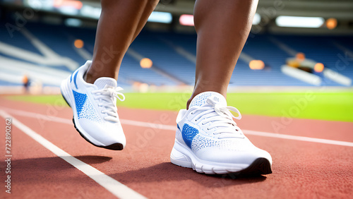 Afroamerican sportsman running in grey trainers in white trainers in the stadium, running sport, closeup