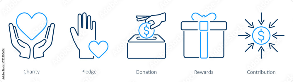 A set of 5 Crowdfunding icons as charity, pledge, donation A set of 5 Crowdfunding icons as charity, pledge, donation