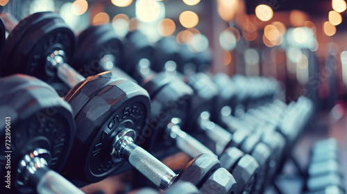 Gym Atmosphere: Close-up of Dumbbells in a Bustling Gym Setting photo
