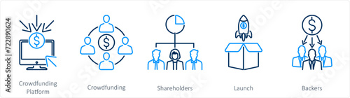 A set of 5 Crowdfunding icons as crowdfunding platform, crowdfunding, shareholders