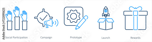 A set of 5 Crowdfunding icons as social partcipation, campaign, prototype