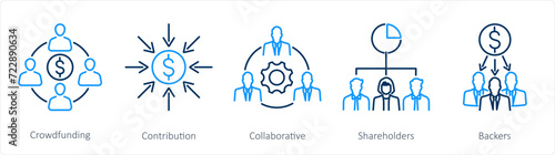 A set of 5 Crowdfunding icons as crowdfunding, contribution, collaborative