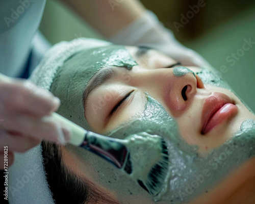 Professional esthetician applying a refreshing clay mask to a asian woman in her cleanse facial treatment photo