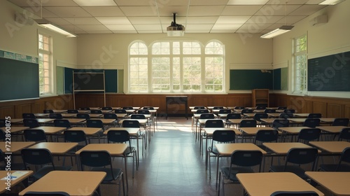 Empty classroom with rows of desks and chairs