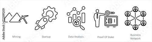 A set of 5 Blockchain icons as mining, startup, data analysis