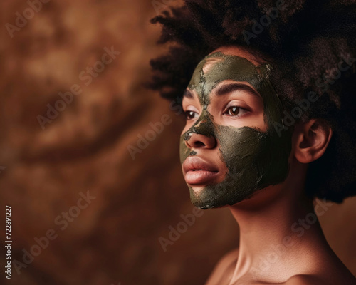 Woman with afro using a nourishing green facial mask, natural skincare and self-care routine photo